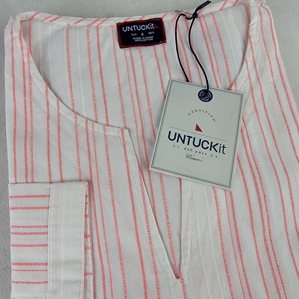 UNTUCKit Durfort Tunic Top Striped 3/4 Sleeve Regular Fit White Pink Size 8 NWT